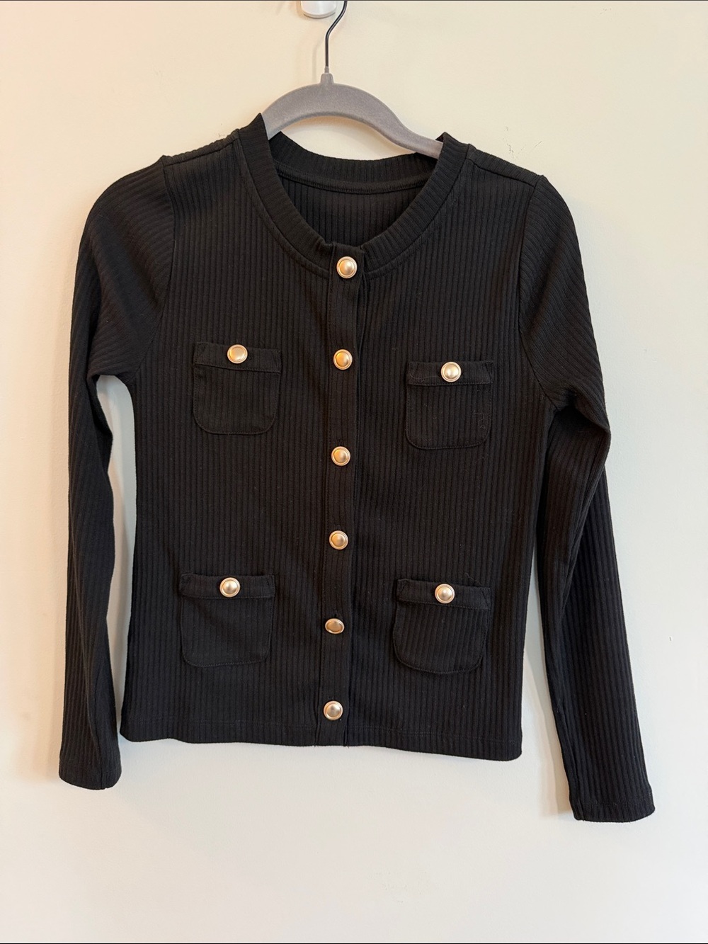 Black Ribbed Button-Front Cardigan
